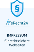 eRecht24 Impressum: Blaues Schild mit Paragraphen-Symbol, darunter der Text 'für rechtssichere Webseiten'