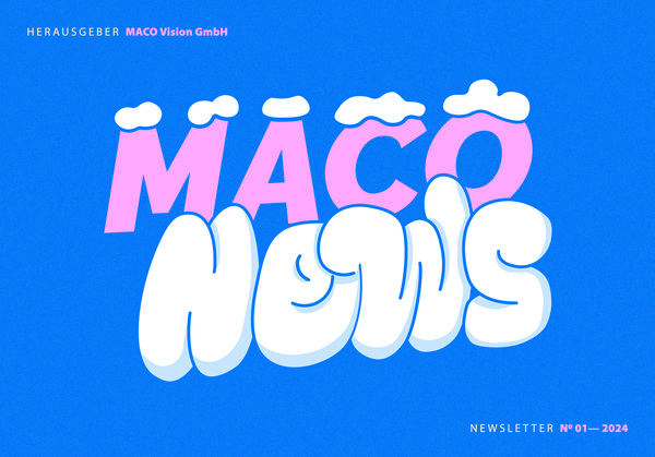 Herausgeber MACO Vision GmbH, Schriftzug MACO News in rosa und weiß auf blauem Hintergrund, Newsletter N° 01