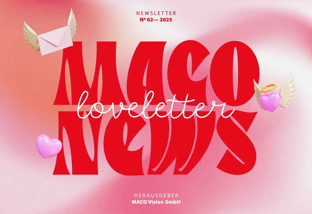 Newsletter-Titelgrafik: 'MACO loveletter News' in roten Lettern, Herzen und Briefumschlag mit Flügeln;