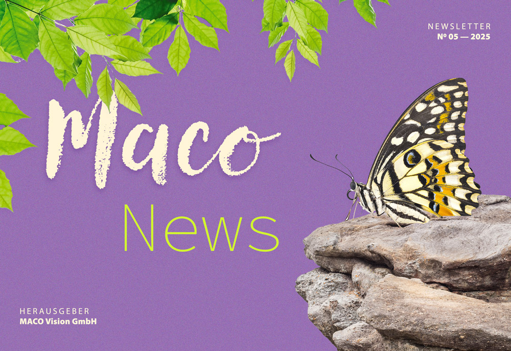 Newsletter Nr. 05/2025 von Maco News mit Schmetterling auf Stein und grünen Blättern