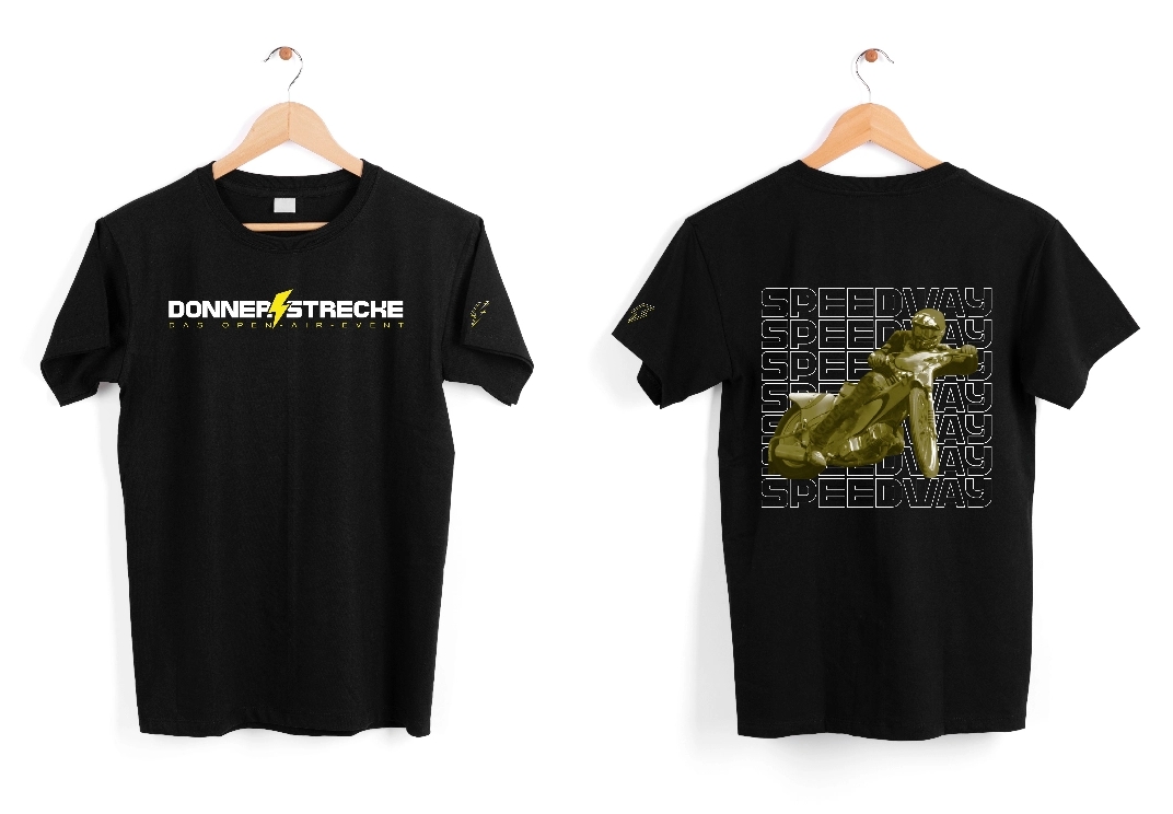 Schwarzes T-Shirt mit dem Aufdruck 'DonnerStrecke' vorne und einem Speedway-Motiv mit wiederholtem Schriftzug