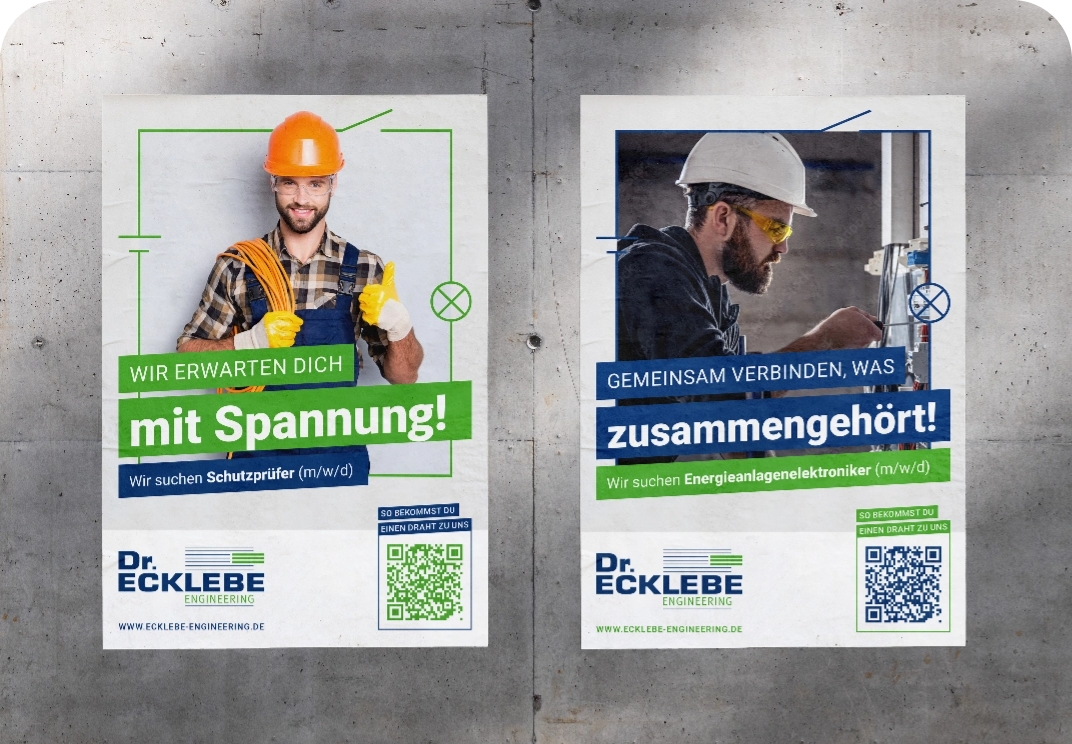 Zwei Stellenanzeigen von Dr. Ecklebe Engineering: Links ein Elektriker mit Daumen hoch, rechts ein Elektriker