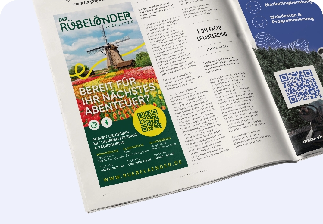 "alt": "Anzeige für Rübeländer Busreisen mit Bild einer Windmühle und Tulpenfeldern; QR-Codes und Kontaktdaten sind