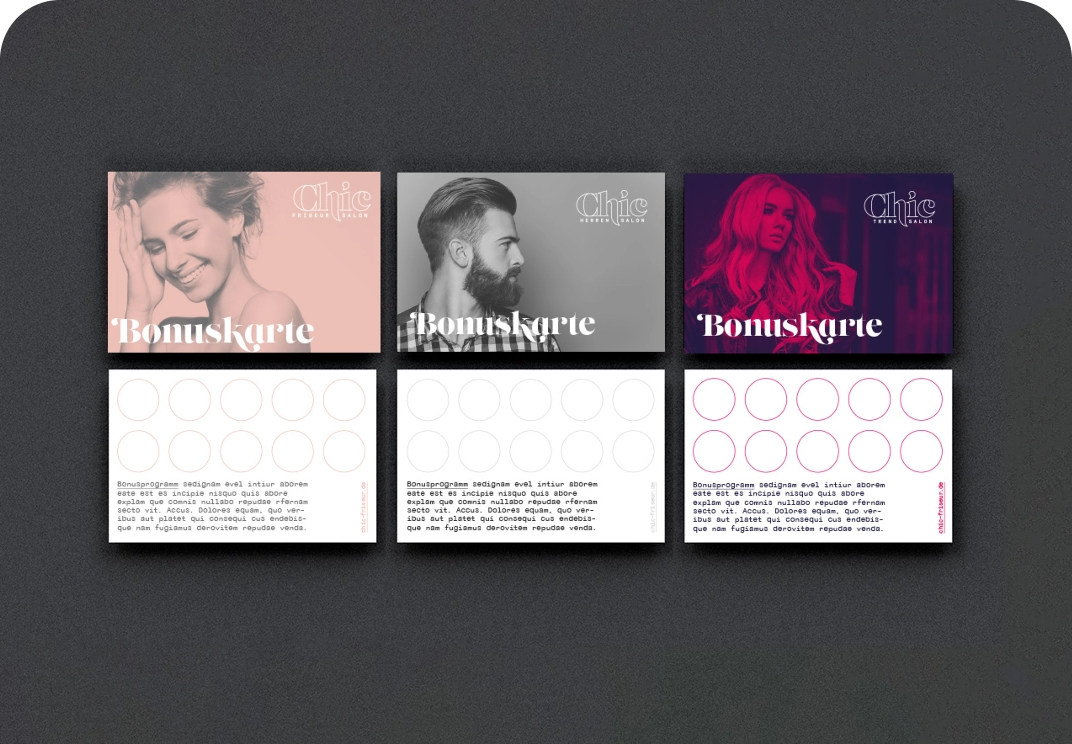 Drei Bonuskarten für einen Friseursalon: Damen, Herren und Unisex. Jeweils mit Kundenfoto und Platz für