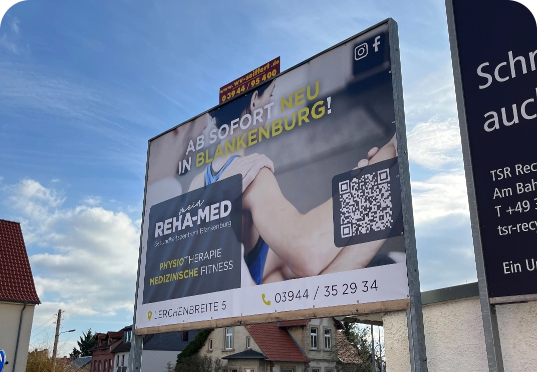 Reklametafel: Mein REHA-MED Gesundheitszentrum Blankenburg, ab sofort neu in Blankenburg, Physiotherapie,