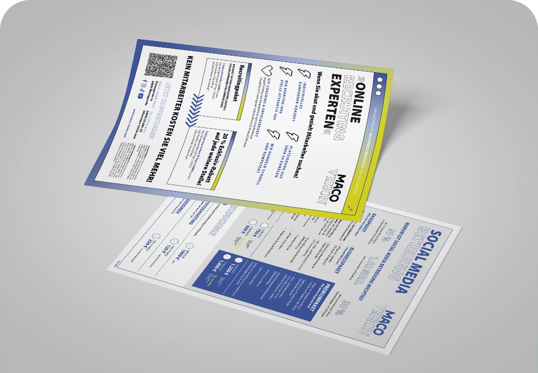 Zwei Flyer liegen übereinander, einer wirbt für Online-Recruiting mit dem Slogan 'Online Recruiting Experten',