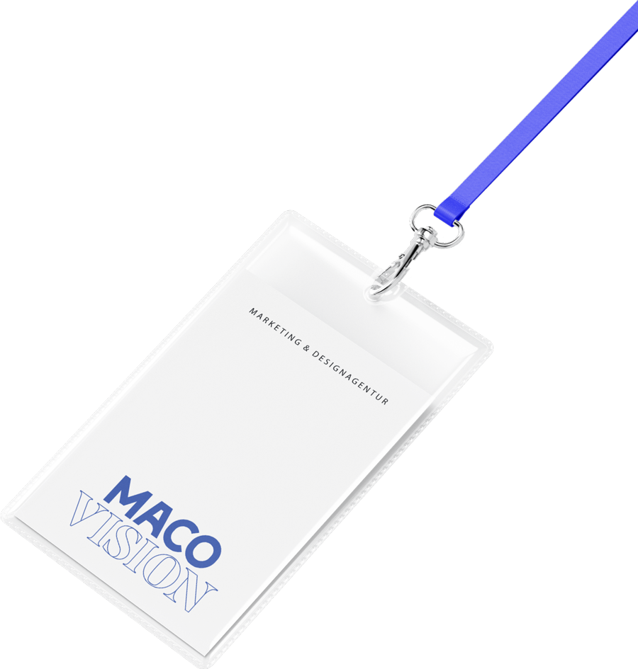 Ausweiskarte von Maco Vision, Marketing & Designagentur, an blauem Band