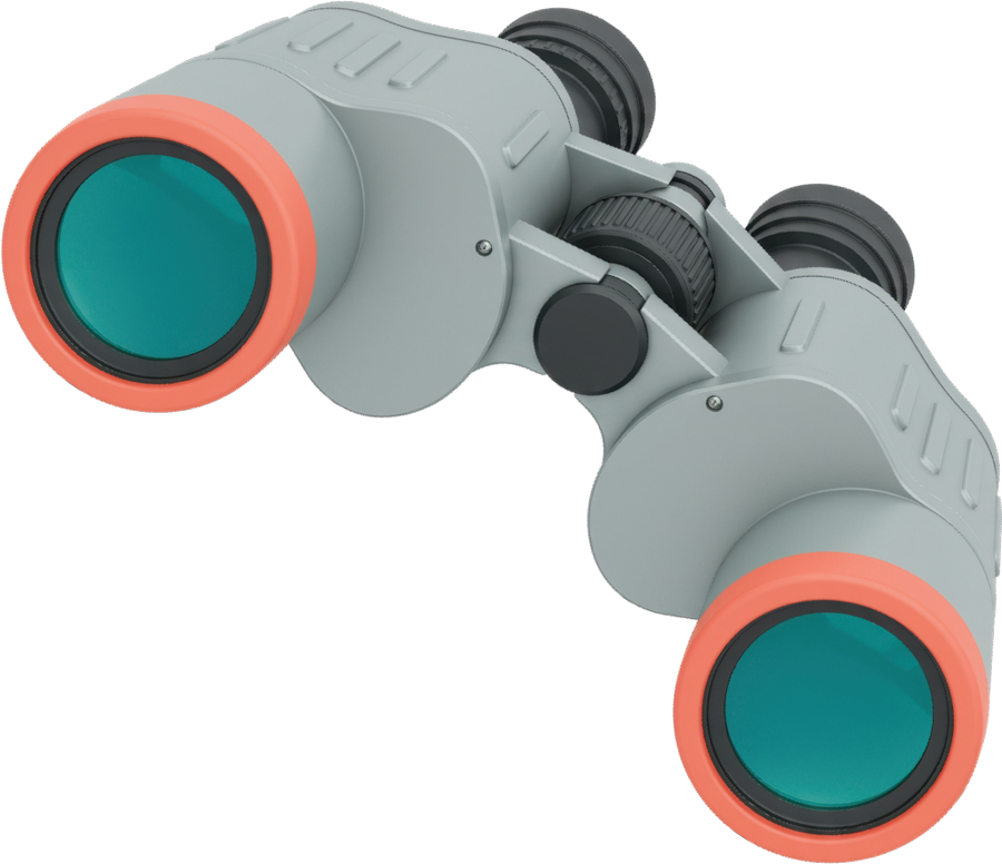 Graue Ferngläser mit orangenen Rändern an den Linsen liegen auf schwarzem Hintergrund