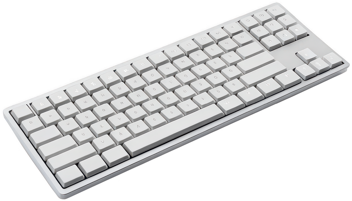 Weiße Tastatur mit leicht schräg angeordneten Tasten, die von oben links nach unten rechts verlaufen