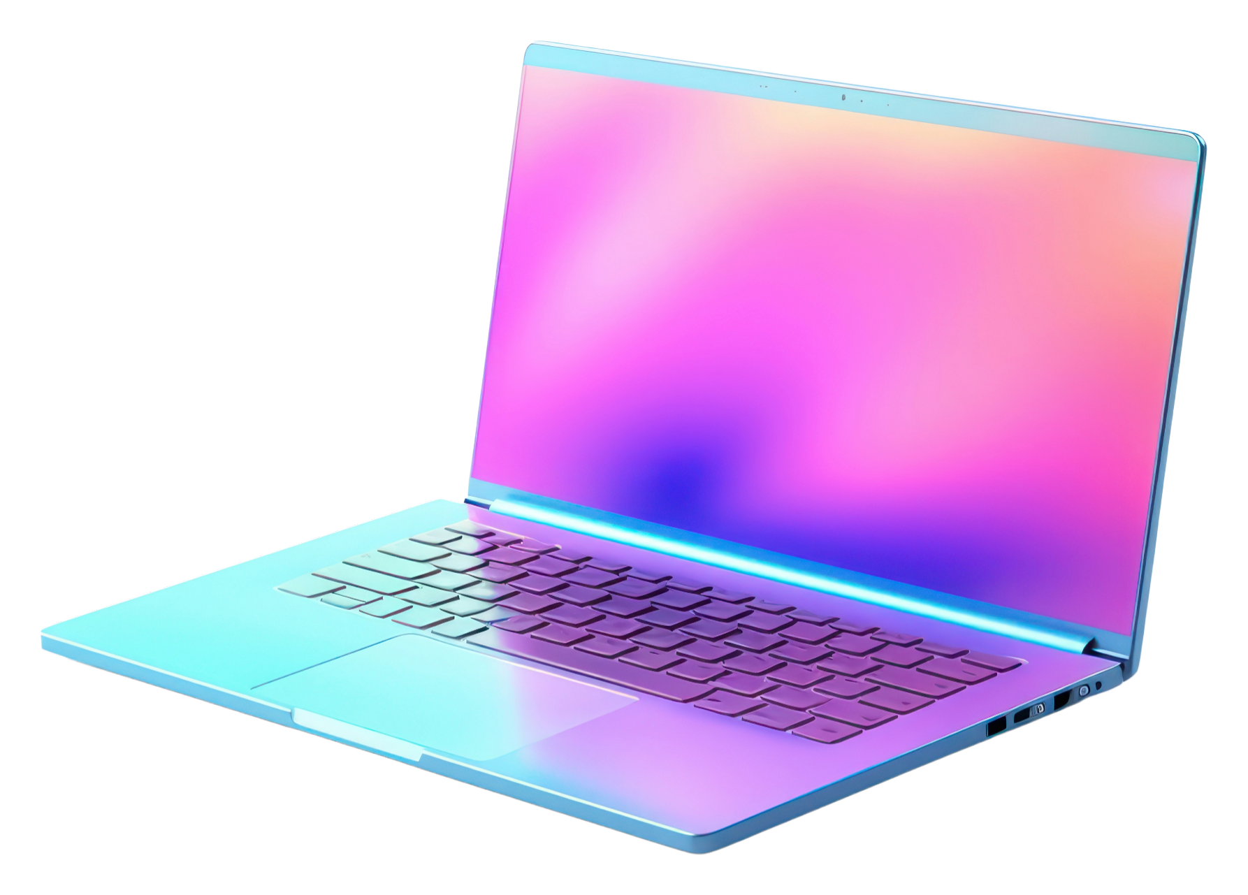 Laptop mit blau-violetter Farbgebung, geöffnet, Tastatur und Touchpad sichtbar, Bildschirm zeigt einen Farbverlauf