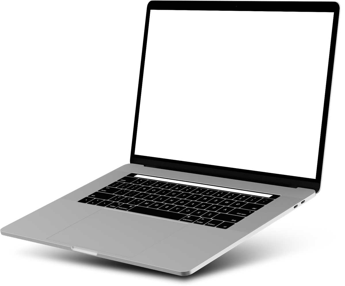 Silberner Laptop mit weißem Bildschirm, leicht von der Seite geneigt